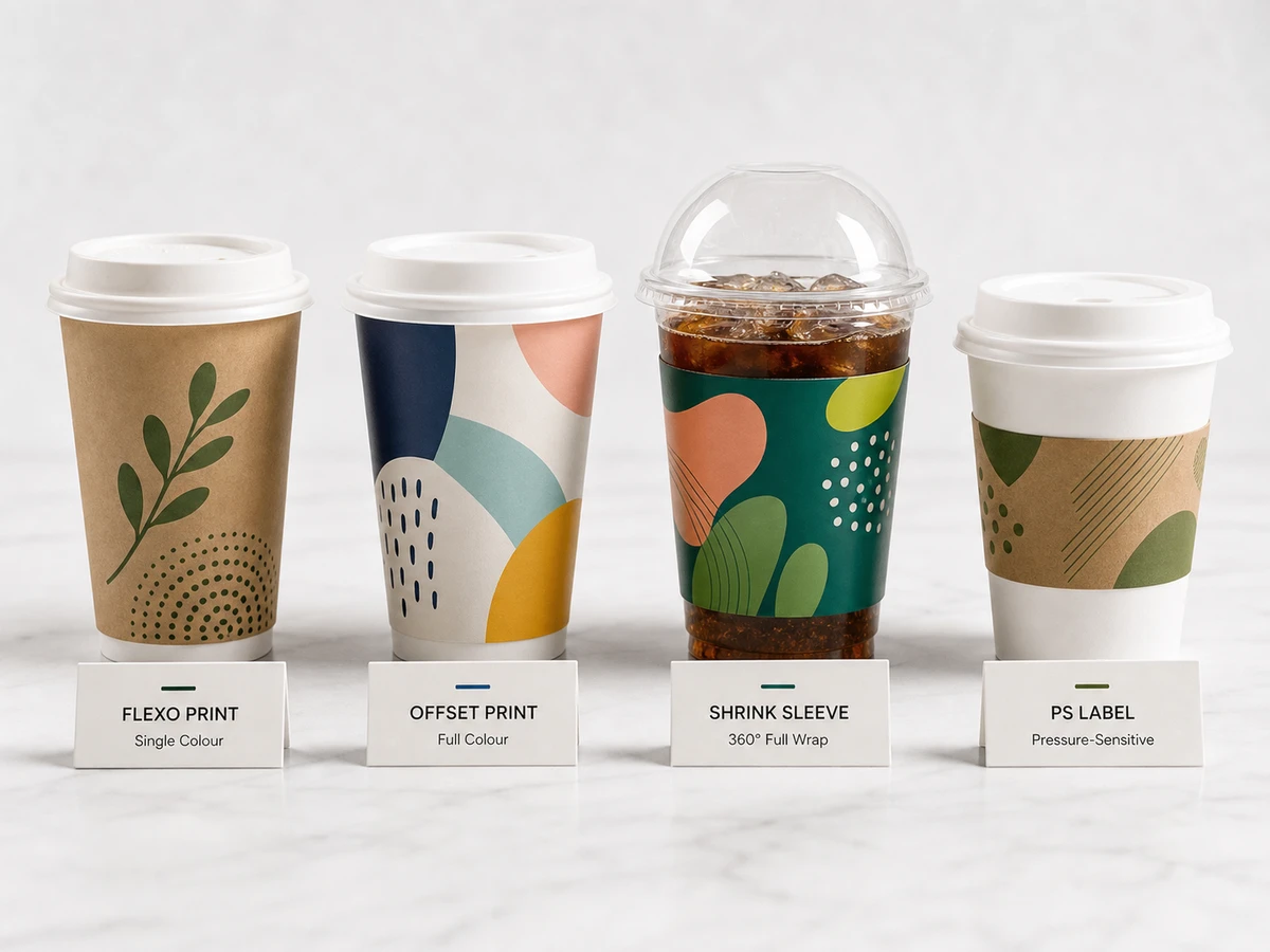 Four disposable coffee cups showing flexographic, offset, shrink sleeve, and label branding methods compared on a white surface.