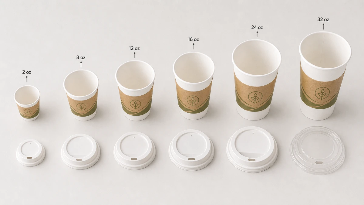 Six disposable paper cups in ascending sizes from 2 oz espresso to 32 oz catering cup with lids