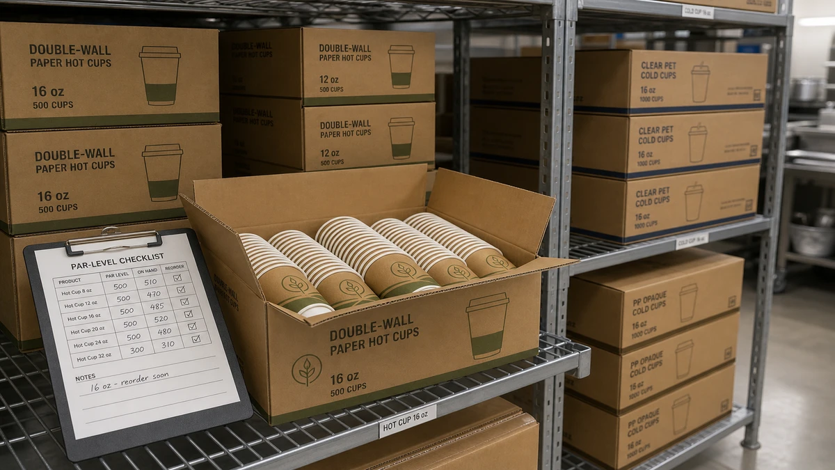 Stacked cartons of disposable paper cups on warehouse shelving with open case showing nested hot cups