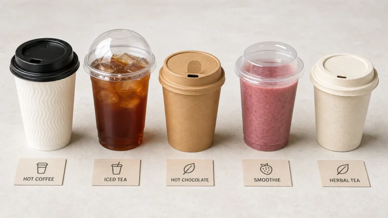 Five disposable cups with lids lined up showing paper, PET, PP, and compostable options.