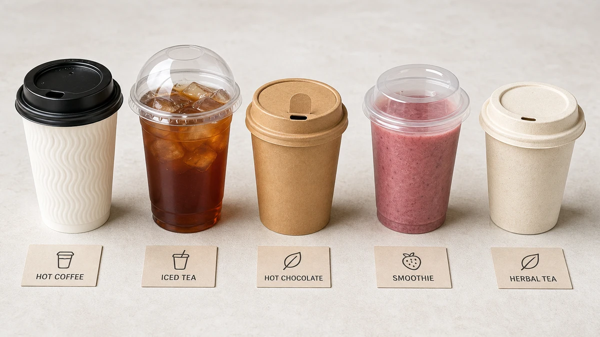 Five disposable cups with lids lined up showing paper, PET, PP, and compostable options.