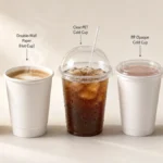 Five disposable cup types lined up including paper hot cups PET cold cup and compostable option