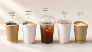 Five disposable cup types lined up including paper hot cups PET cold cup and compostable option