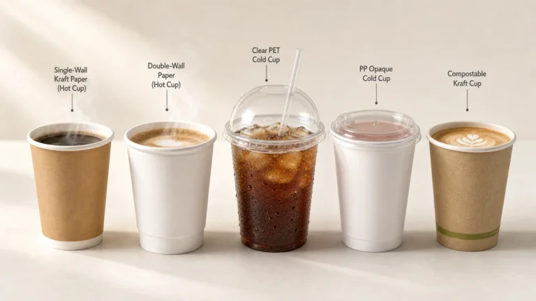 Five disposable cup types lined up including paper hot cups PET cold cup and compostable option