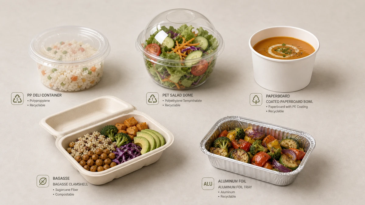 Five disposable food containers in different materials each holding a representative food portion on a tabletop.