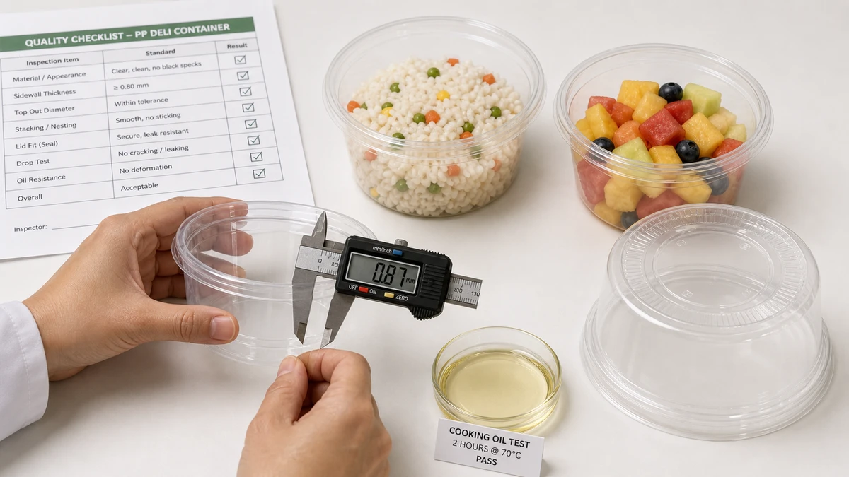 Hand using digital calipers to measure sidewall thickness of a PP disposable food container during quality inspection.