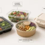 Wholesale disposable food containers in PP, PET, paperboard, and bagasse arranged side by side.