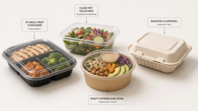 Wholesale disposable food containers in PP, PET, paperboard, and bagasse arranged side by side.