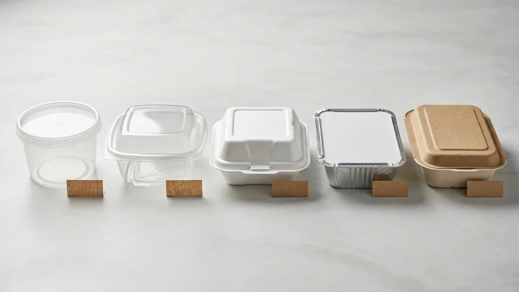 Five disposable food containers with lids lined up showing PP, PET, EPS, aluminum, and bagasse formats.
