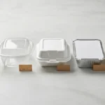 Five disposable food containers with lids lined up showing PP, PET, EPS, aluminum, and bagasse formats.