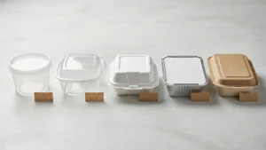 Five disposable food containers with lids lined up showing PP, PET, EPS, aluminum, and bagasse formats.
