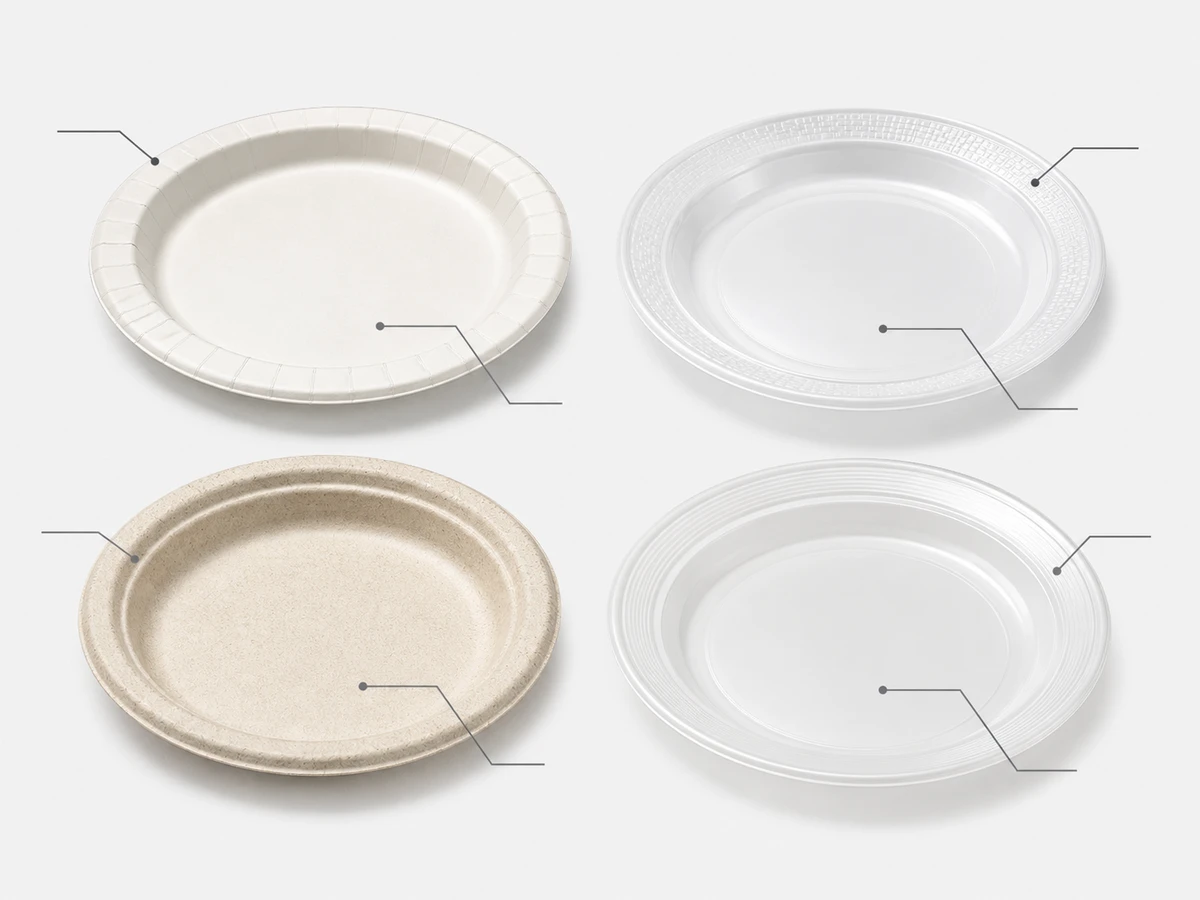 Comparison board of four disposable plate materials showing rim depth and wall thickness differences.