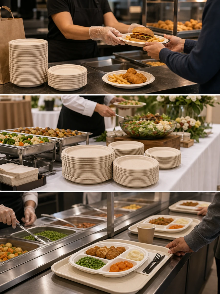 Three foodservice operation types shown with the disposable plate format suited to each service style.