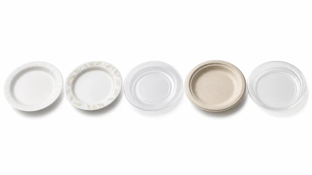 Five disposable plate types compared side by side for wholesale foodservice buying decisions.