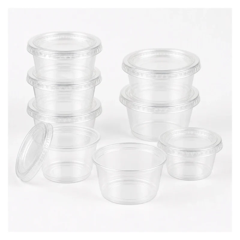 Papacko disposable plastic sauce cups with clear lids for condiments and side portions