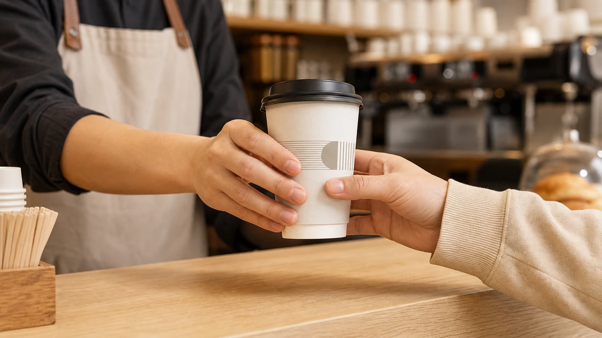 Barista handing a sleeve-free double-wall paper coffee cup across a café counter