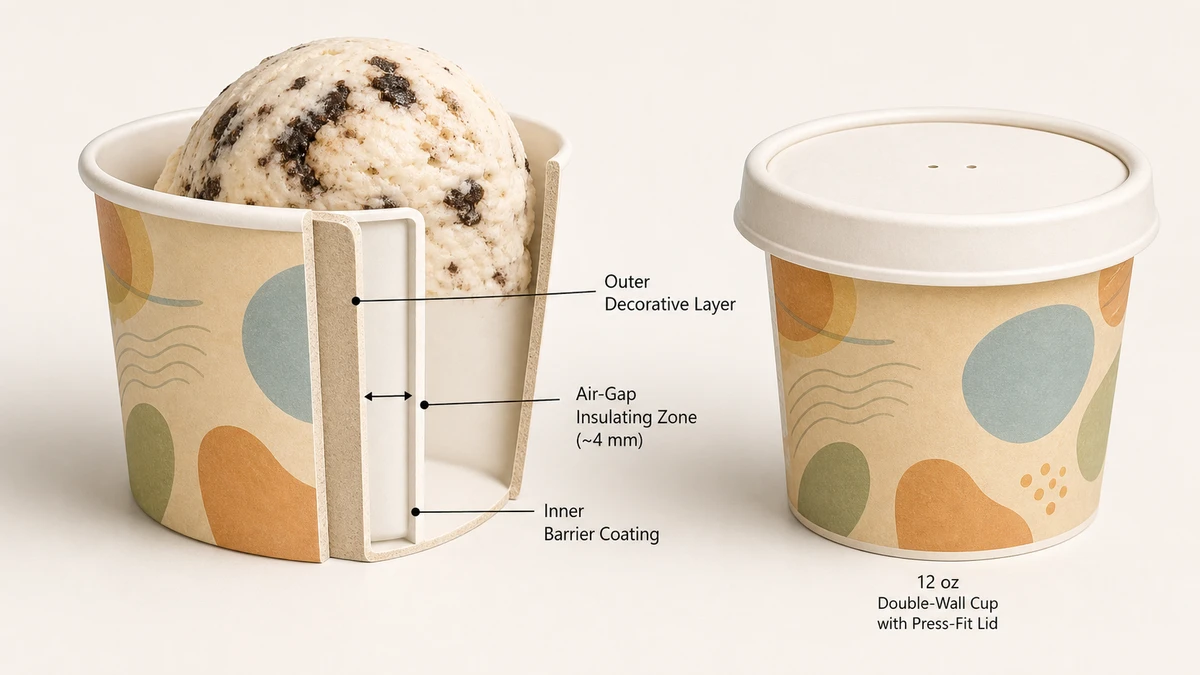 Cross-section cutaway of a double-wall paper ice cream cup showing the air gap and PE barrier coating.