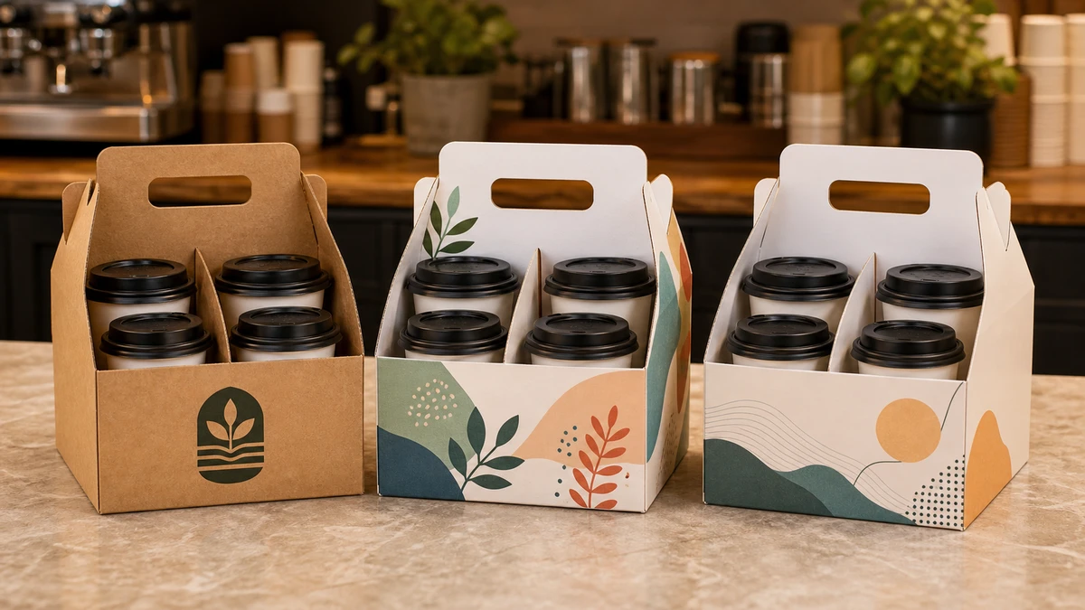 Three branded drink carriers showing flexo, offset, and digital print methods on different board substrates.