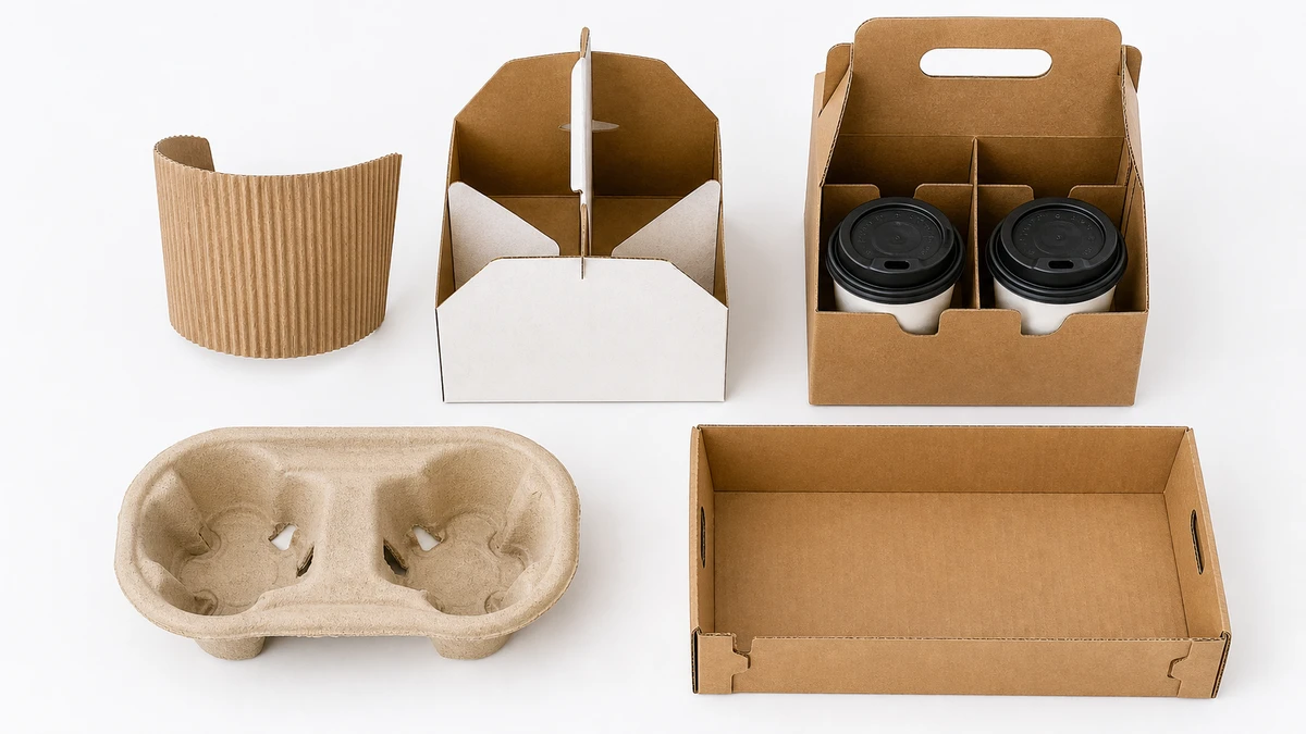 Overhead grid showing five paper drink carrier types including molded pulp tray and handled paperboard carrier.