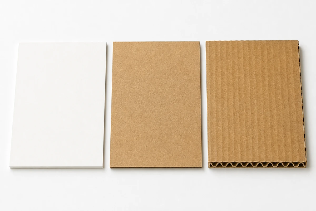 Flat-lay comparison of three food box materials showing SBS paperboard kraft board and corrugated E-flute cross-section