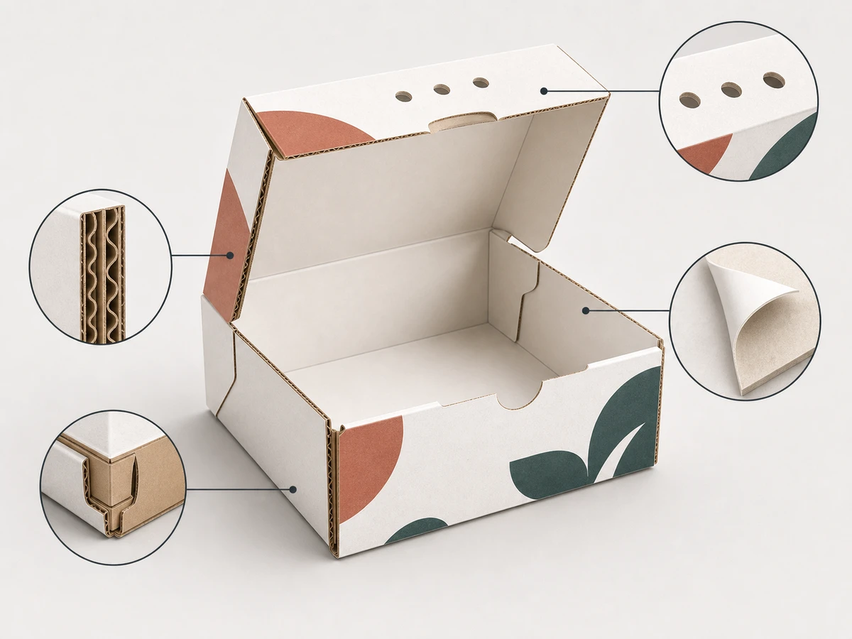 Cutaway diagram of a custom food box showing sidewall construction crash-lock base grease coating and vent detail
