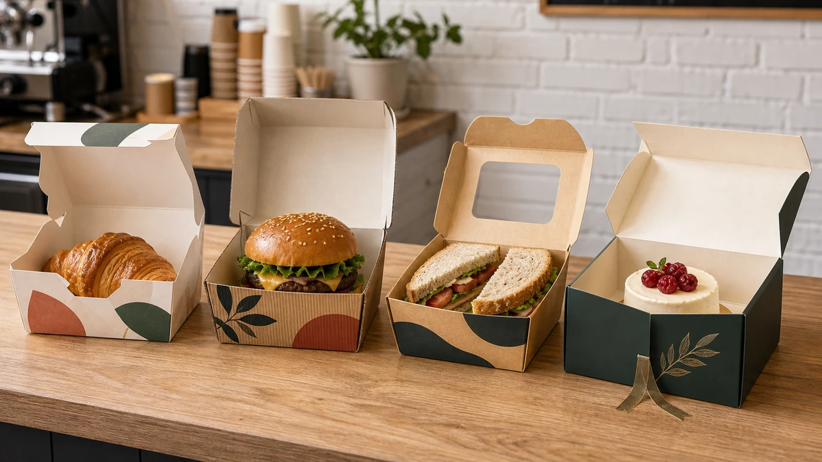 Four open custom food boxes on a café counter showing croissant burger sandwich and cake packaging formats