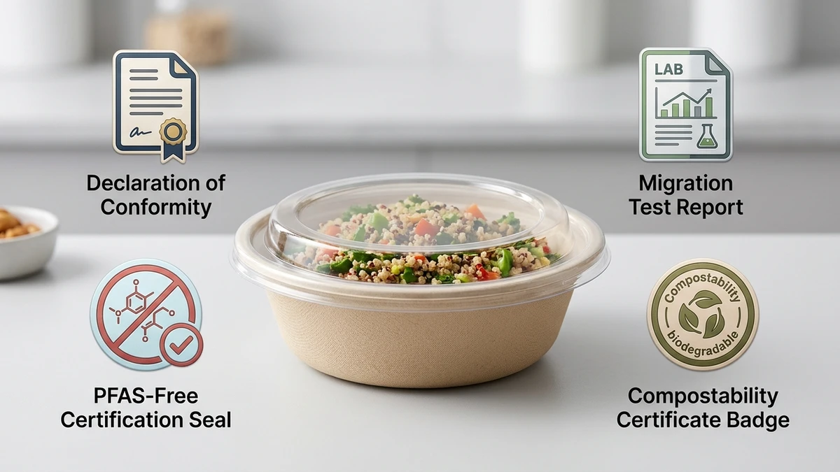 Disposable food container with lid surrounded by four compliance document icons covering migration, compostability, and PFAS-free certification.