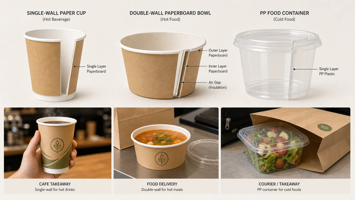 Cross-section comparison of single-wall paper, double-wall paperboard, and PP food container wall structures with insulation callouts.