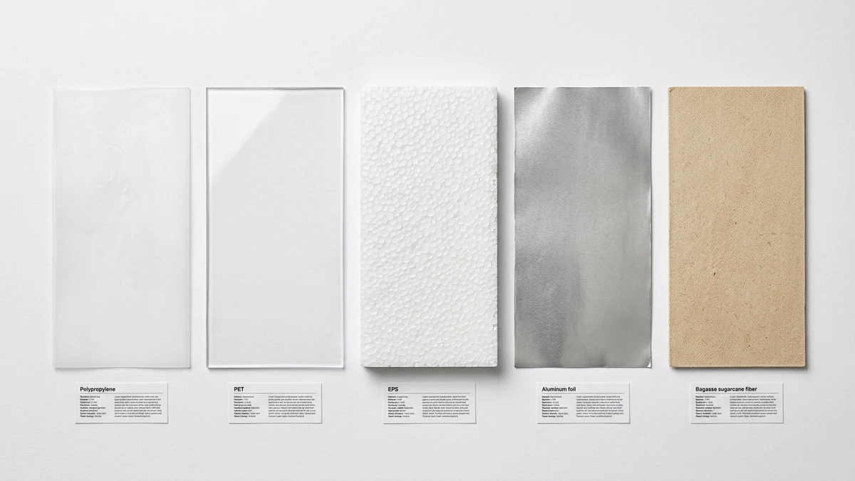 Side-by-side material comparison board showing PP, PET, EPS foam, aluminum foil, and bagasse panels for disposable food containers.