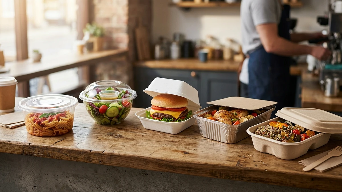 Five types of disposable food containers with lids in active use on a café takeaway counter.