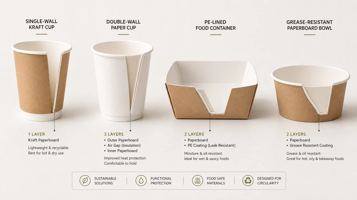 Side-by-side material cutaway board comparing single-wall, double-wall, and barrier-coated food packaging formats.
