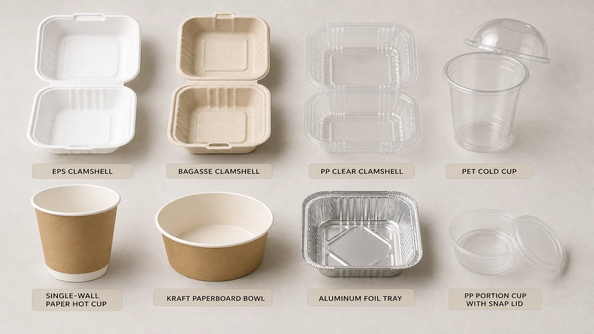 Side-by-side comparison board of eight wholesale food packaging materials and container formats