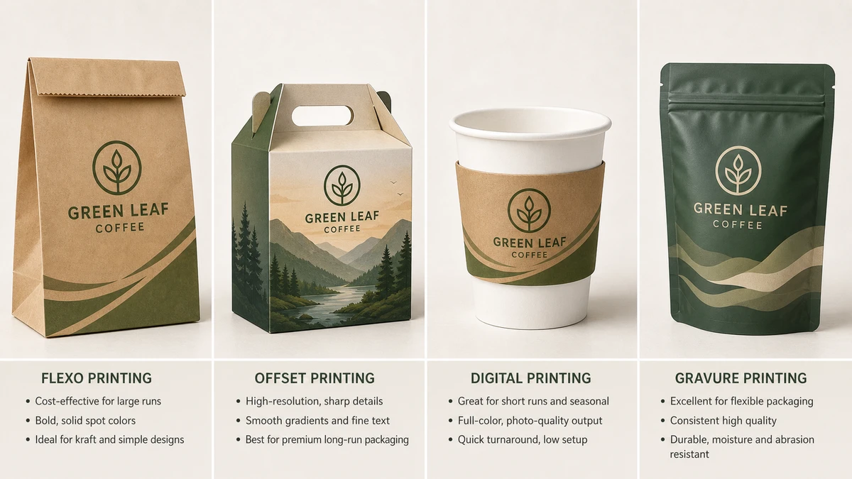 Food packaging print method comparison showing flexo, offset, digital, and gravure outputs side by side