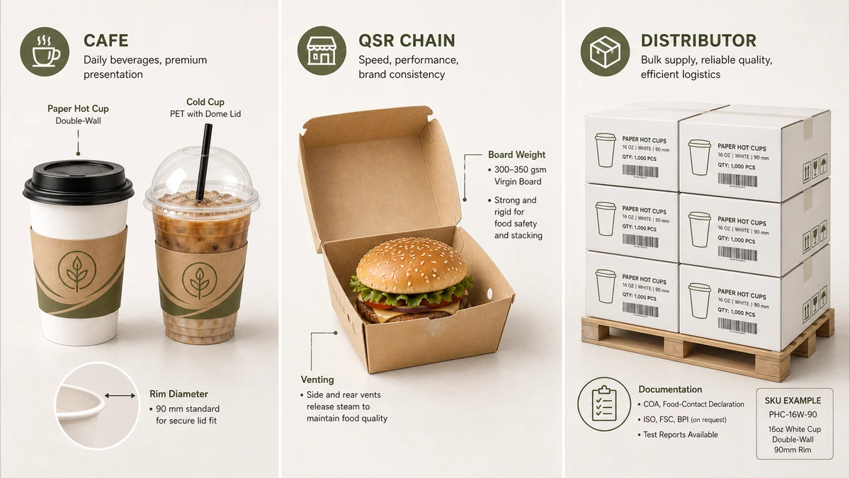 Packaging specification checklist illustrated for cafe, QSR chain, and distributor buyer types