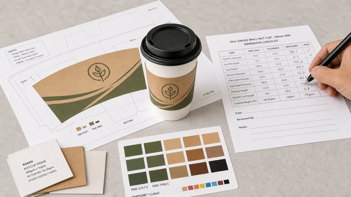 Food packaging specification review showing dieline, cup sample, color swatch, and dimension checklist