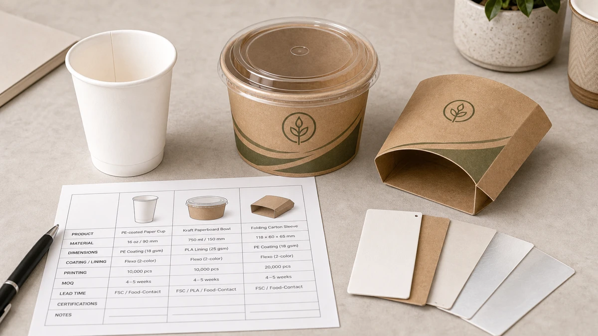 Food packaging supplier qualification samples on desk including cup, bowl, carton, and material swatches