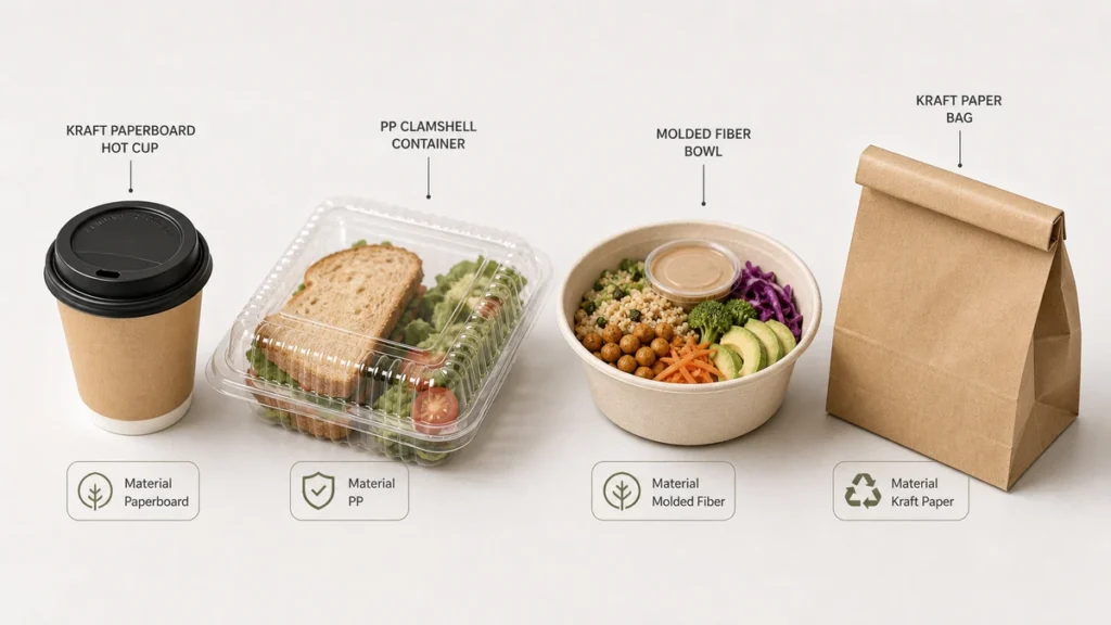 Flat-lay lineup of food packaging formats for supplier selection including cup, clamshell, bowl, and bag.