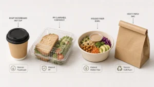Flat-lay lineup of food packaging formats for supplier selection including cup, clamshell, bowl, and bag.