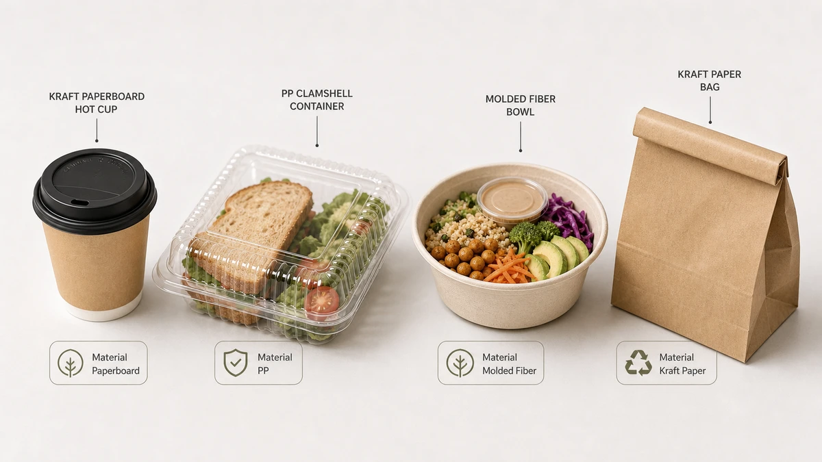 Flat-lay lineup of food packaging formats for supplier selection including cup, clamshell, bowl, and bag.
