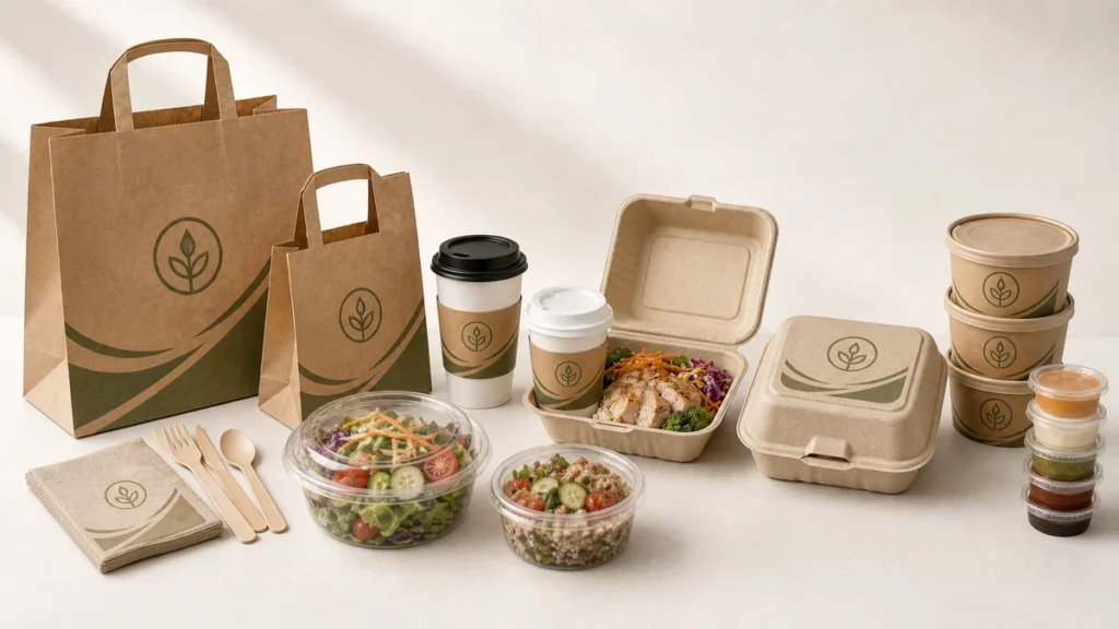 Full coordinated set of food packaging supplies for restaurant chains on white surface