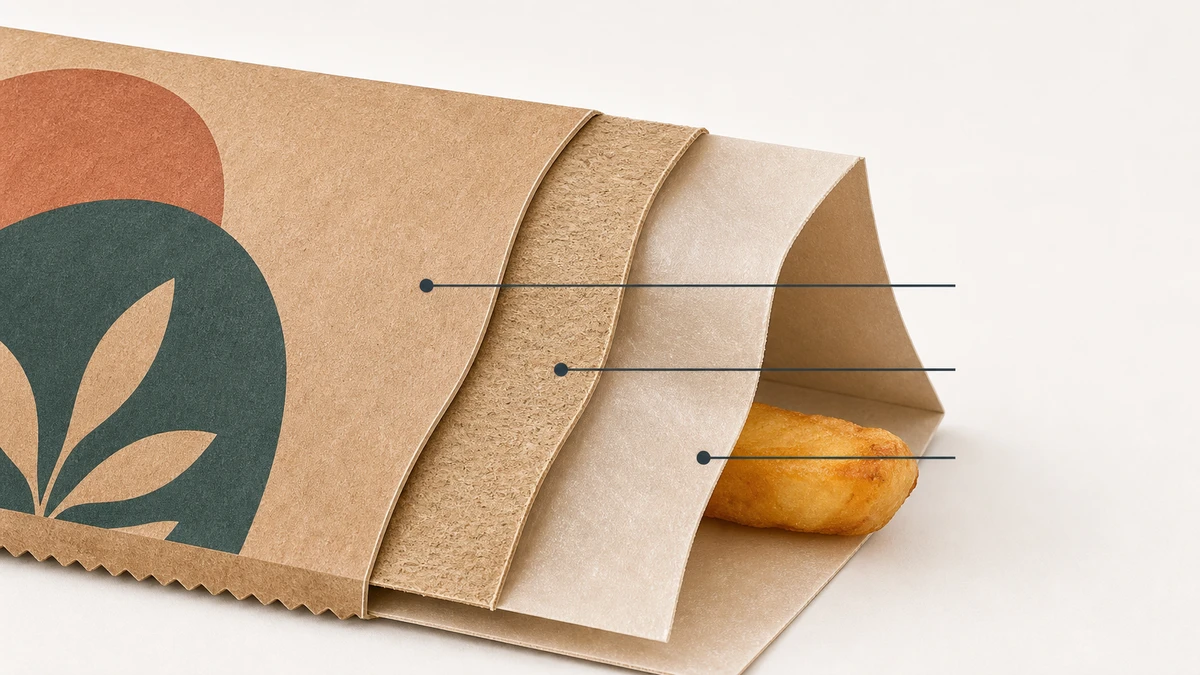 Cross-section cutaway of a food-safe kraft paper bag showing printed exterior, structural core, and greaseproof liner layers.