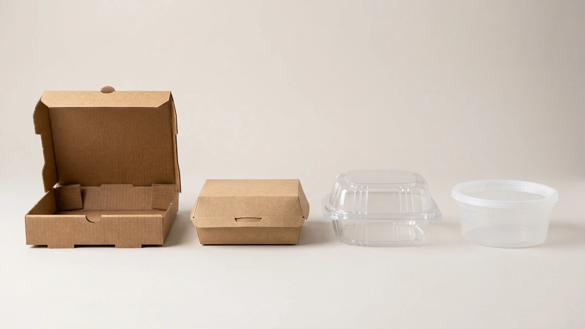 Four foodservice packaging formats — corrugated box, kraft box, PP clamshell, and lidded deli bowl — in a product lineup.
