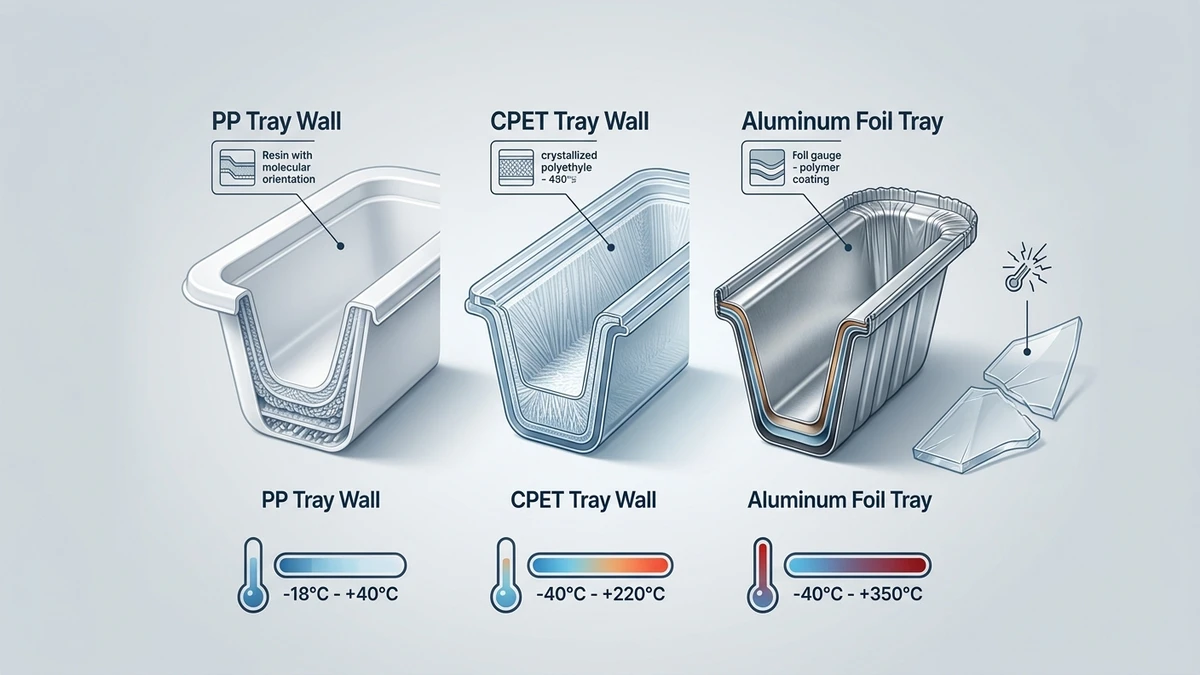 Cross-section cutaway comparing PP, CPET, and aluminum tray wall layers for freezer safe food container selection.