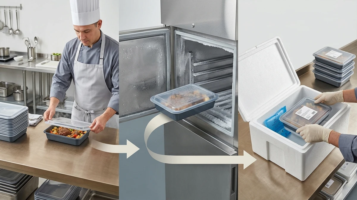 Three-stage scene showing meal tray moving through hot fill, blast freeze, and insulated delivery box packing.