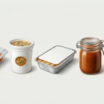 Five freezer safe container formats side by side showing PP tray, HDPE tub, aluminum tray, glass jar, and flexible pouch.
