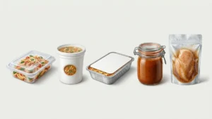Five freezer safe container formats side by side showing PP tray, HDPE tub, aluminum tray, glass jar, and flexible pouch.