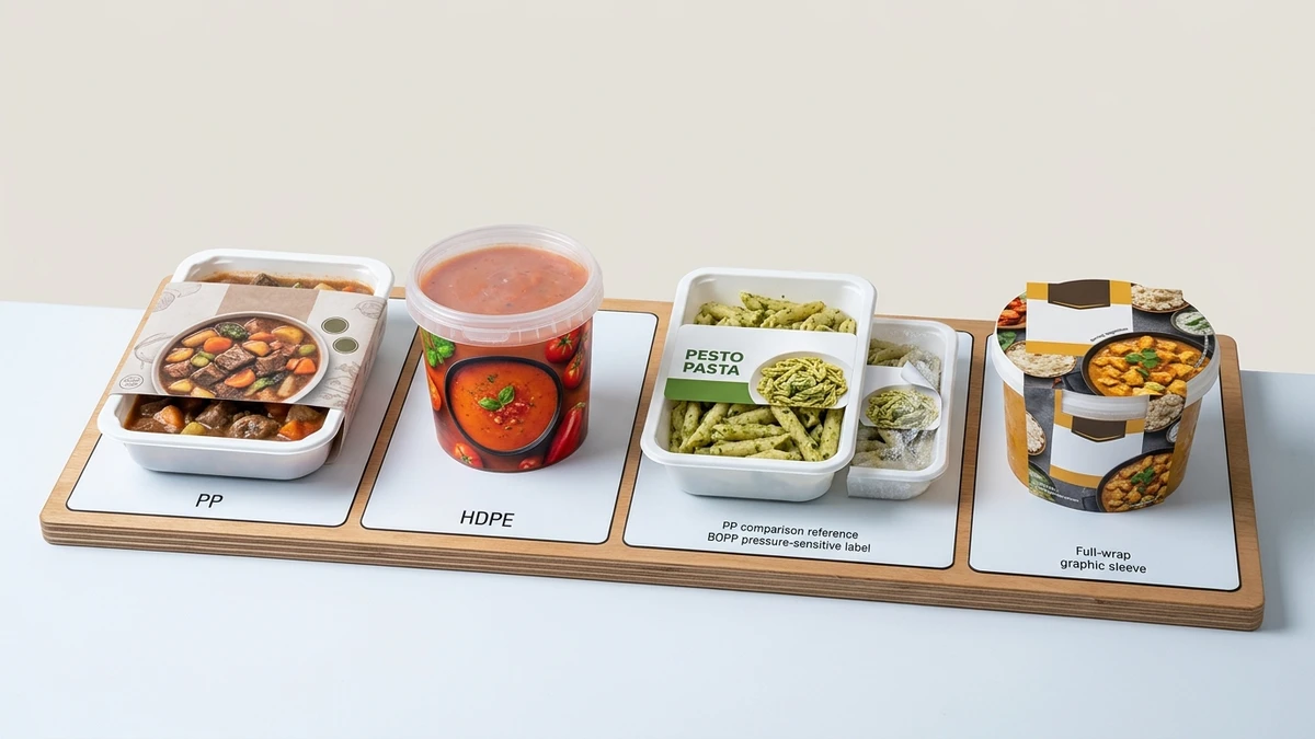 Four frozen food containers side by side comparing flexographic print, in-mold label, pressure-sensitive label, and sleeve label finishes.