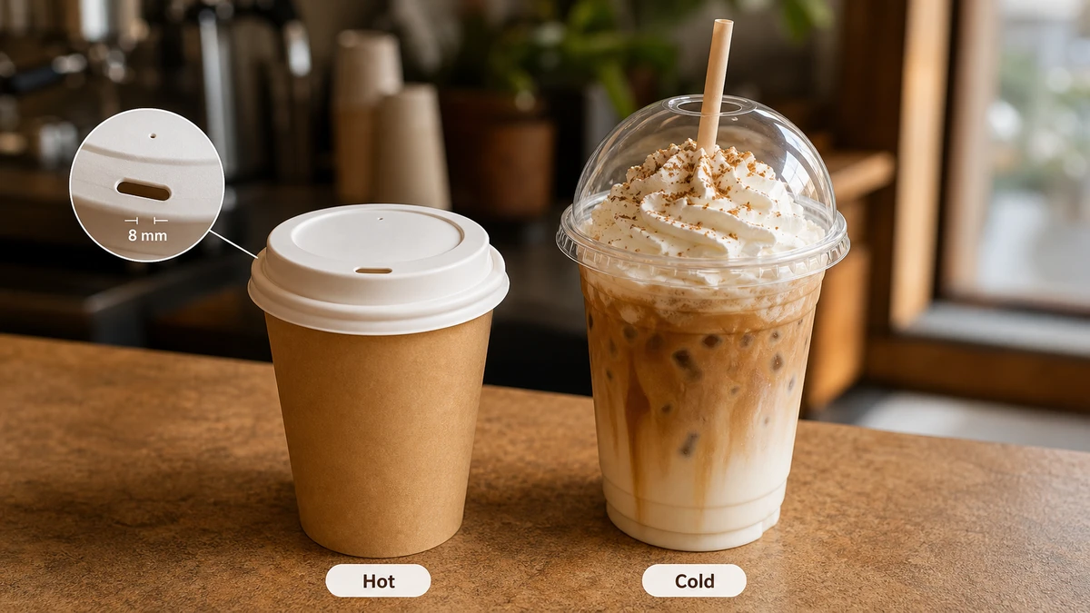Hot coffee cup with PP travel lid beside cold drink cup with clear dome lid on café counter