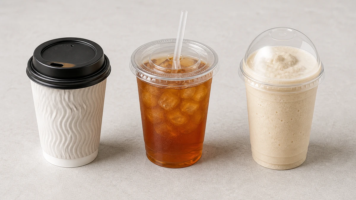 Three disposable cups with lids side by side showing hot coffee, iced tea, and blended drink formats.