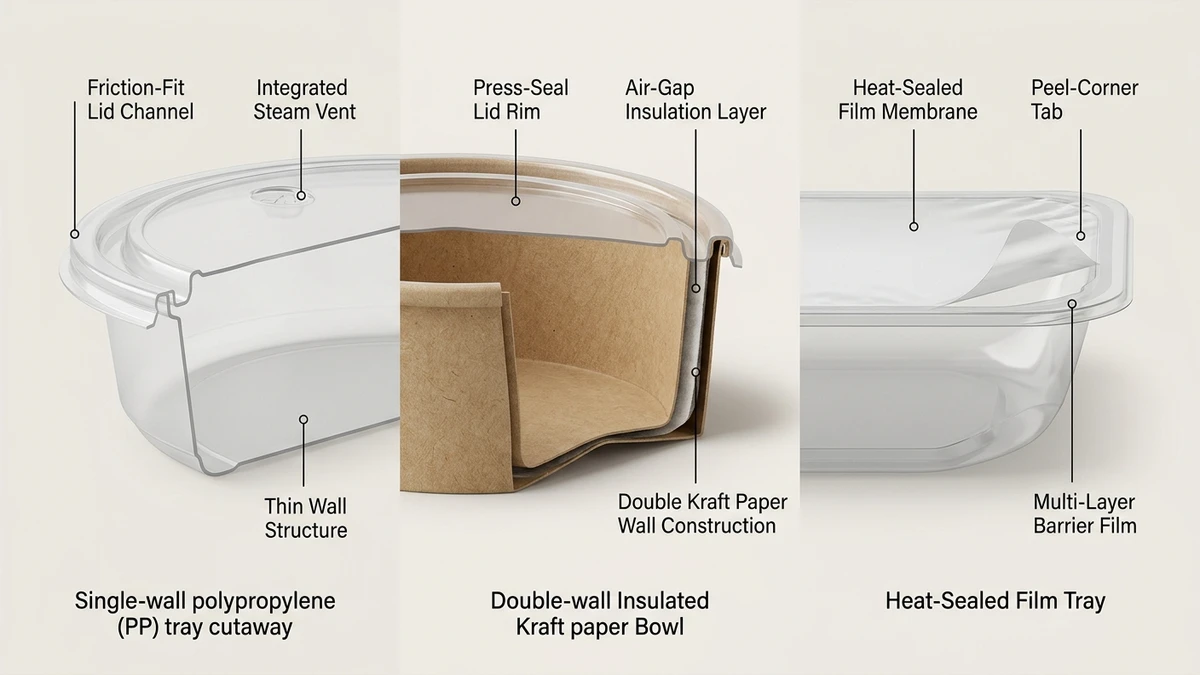 Cutaway diagram comparing lid and wall construction on single-wall PP tray, insulated paper bowl, and heat-sealed film tray.